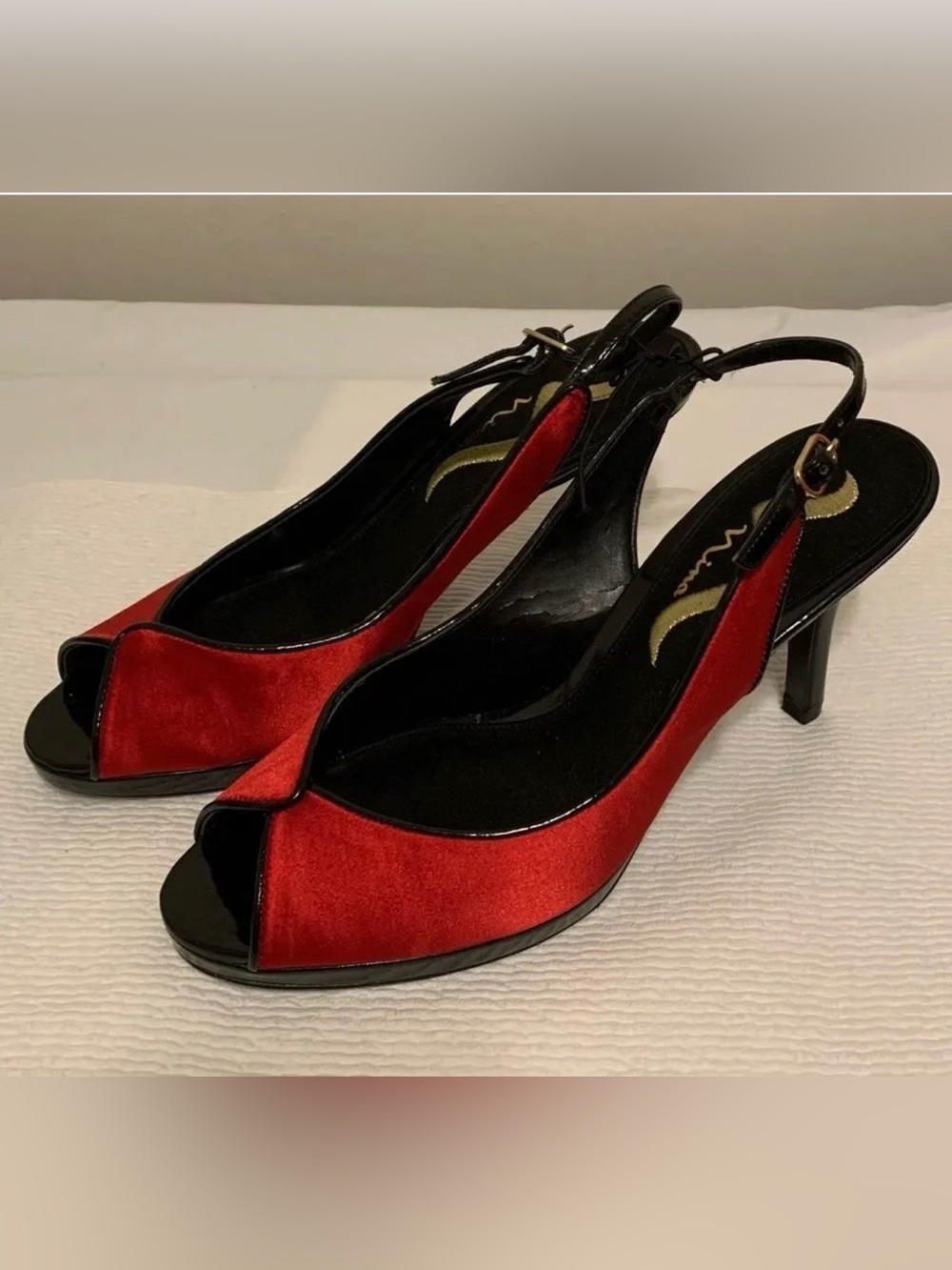 NINA Open Toe Peep Hole Sling Back High Heels‎ in Red and Black